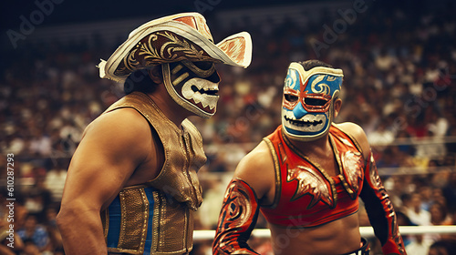 Unidentified wrestler Lucha Libre wrestling mask participates in the MEXICO Championship in Mexico City. Generative AI. photo