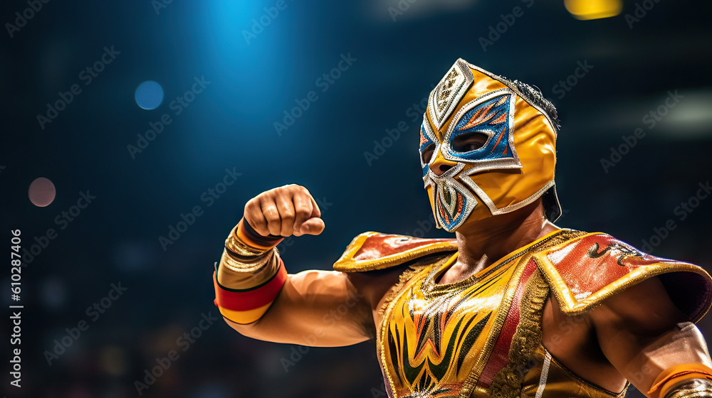 Lucha Libre wrestling mask man in traditional costume fighting pose, close-up. Generative AI. - obrazy, fototapety, plakaty 