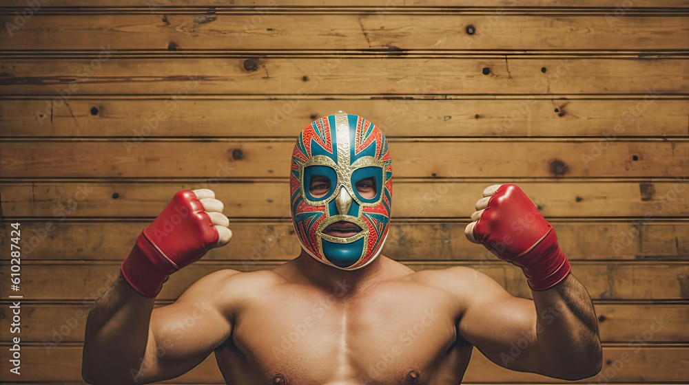 Boxer with Lucha Libre wrestling mask  and boxing gloves on a wooden wall background. Generative AI. - obrazy, fototapety, plakaty 