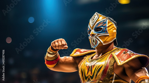Lucha Libre wrestling mask man in traditional costume fighting pose, close-up. Generative AI.