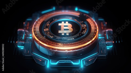 Bitcoin cryptocurrency coin on a futuristic cyber space background. Cryptocurrency concept. Created with generative AI technology.