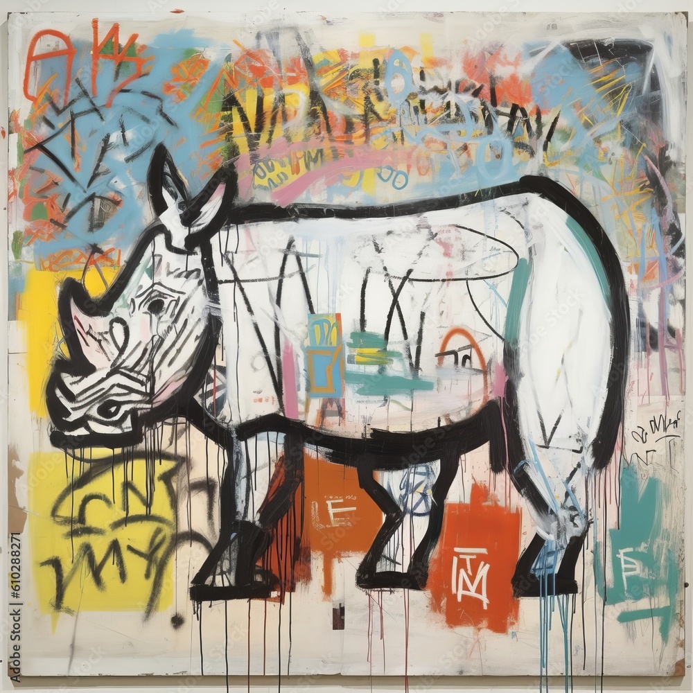 White rhino art on a wall. Beautiful illustration picture. Generative AI