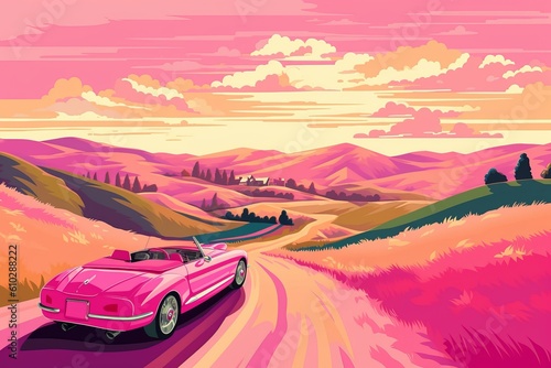 Pink car is outdoors, cartoon style landscape. Beautiful illustration picture. Generative AI