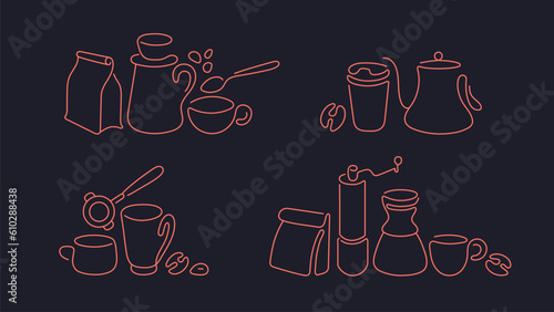 Vector cup, coffee maker, drip kettle and beans