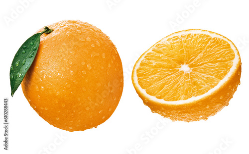 fruta laranja inteira com folhas e laranja cortada isolado em fundo transparente - laranjas frescas molhadas  photo