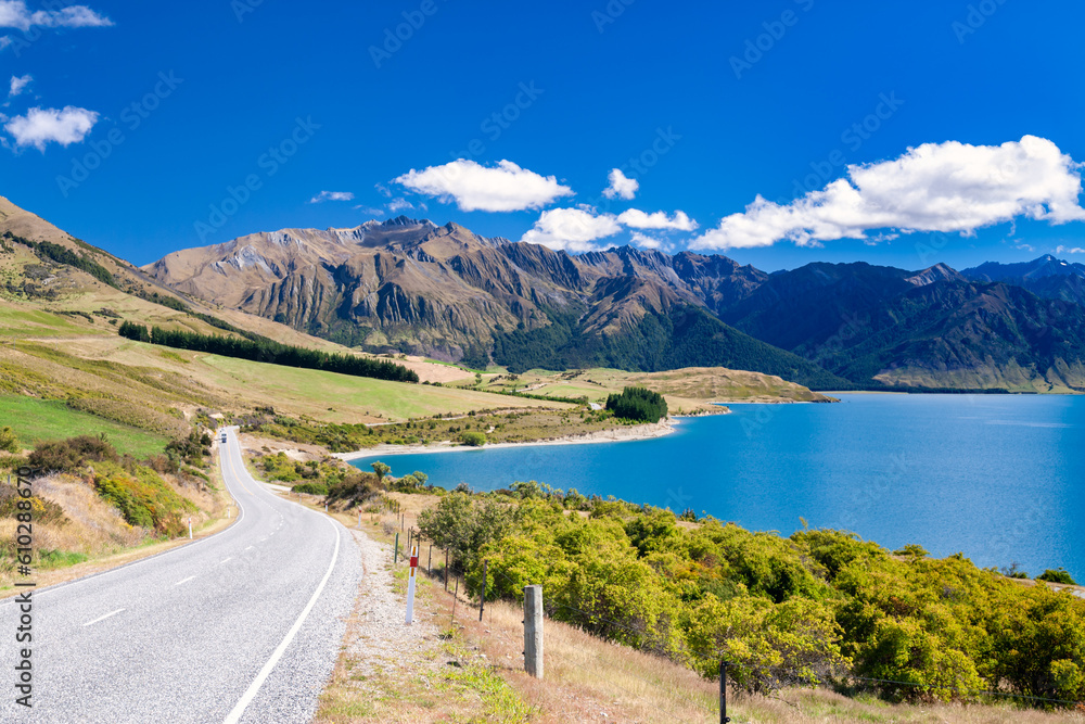 Road along Hawea Lake Otago South Island New Zealand