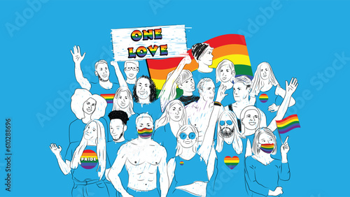 diverse group of lgbt people in pride parade holding signs and rainbow flags simple hand drawn design style minimal vector illustration