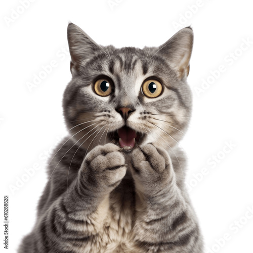 Surprised cat covering its mouth with paws, no background/transparent background