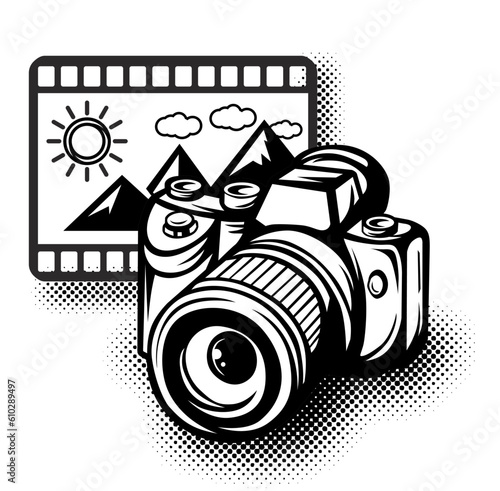 Photo gallery icon. Photo camera with photograph in cartoon style. Vector on transparent background