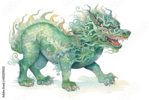 A watercolor print featuring an Asian inspired green dragon  adorned with intricate patterns and delicate brushstrokes
