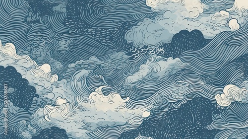 Traditional Japanese Ukiyo-e scene of intense blue and white waves Abstract Elegant Modern AI-generated illustration