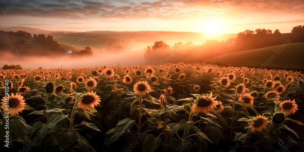 He stands at the edge of a golden field of sunflowers, the sun rising in the distance. - generative ai