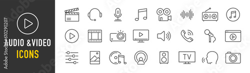 Audio and Video web icons in line style. Cinema, speaker, online, picture, play button, music, collection. Vector illustration.