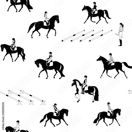 Seamless pattern with riding school students