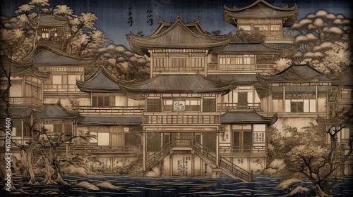 Japanese traditional Ukiyo-e old paper texture mountain house Abstract Elegant Modern AI-generated illustration