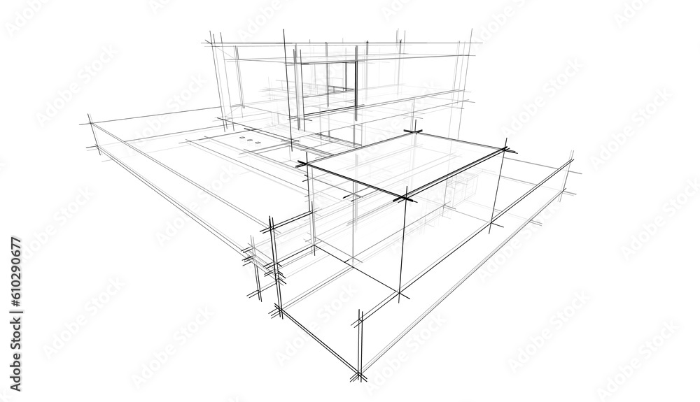 Architectural drawing of a house 3d rendering Architectural drawing of a house 3d rendering