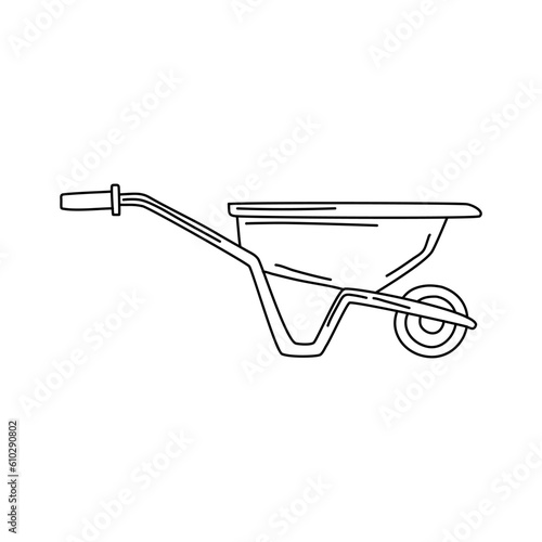 wheelbarrow cart isolated on white background. Vector illustration in doodle style. Black and white gardening tool.