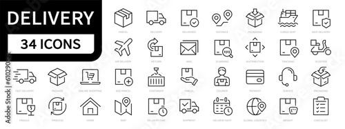 Delivery line icons set. Delivery, Parcel, Shipping, Cargo, Logistics, Box, Courier, Truck outline icon collection. Vector