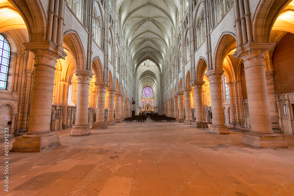 Arched central nave and aisles of Laon Cathedral in France