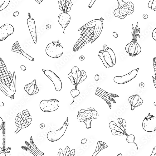 Seamless Pattern of drawing vegetables in doodle style. A set of vector illustrations of the harvest corn potatoes carrots radishes beets garlic onions tomatoes, etc.