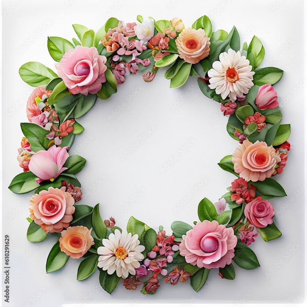 Round frame shape Flower wreath frame made of flowers and leaves, Flat lay. Generative Ai Round frame shape Flower wreath frame made of flowers and leaves, Flat lay. Generative Ai