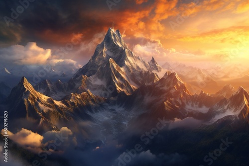 Sunset scene of majestic mountain peaks Generative AI © LayerAce.com