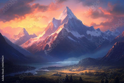 Sunset scene of majestic mountain peaks Generative AI