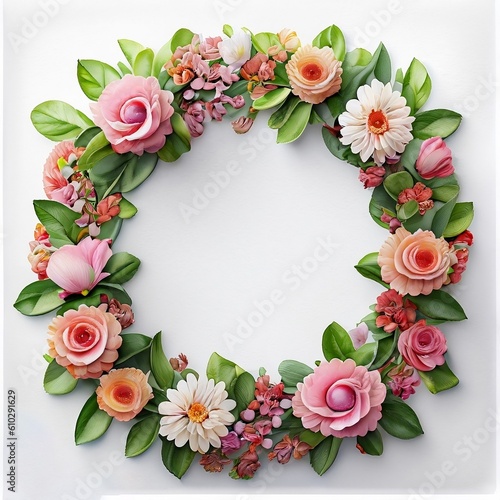 Round frame shape Flower wreath frame made of flowers and leaves, Flat lay. Generative Ai © SOHAN-Creation