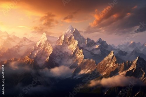 Sunset scene of majestic mountain peaks Generative AI