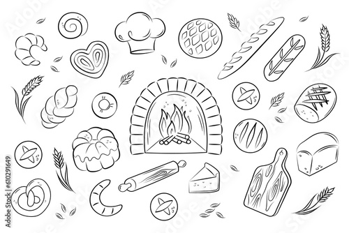 Bakery, bread, croissant, bun, pie, wood-burning oven. A large vector set of doodle icons on white background.