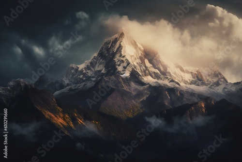 Sunset scene of majestic mountain peaks Generative AI