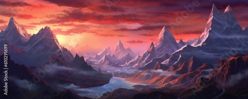 Sunset scene of majestic mountain peaks Generative AI