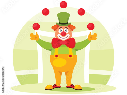 Circus clown performer in classic outfit with red nose and make up performing juggling with balls at the circus. Vector illustration