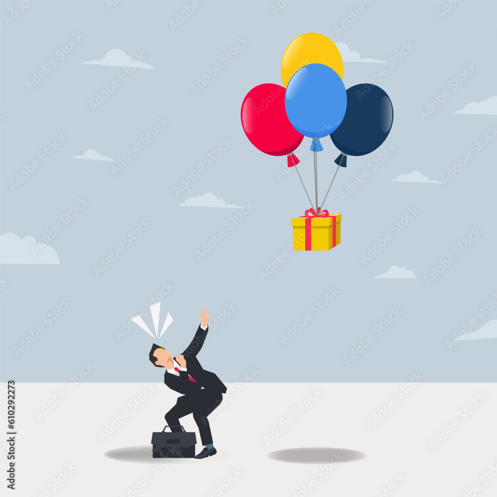 Businessman with gifts flying in balloons. Lost bonuses or rewards concept vector