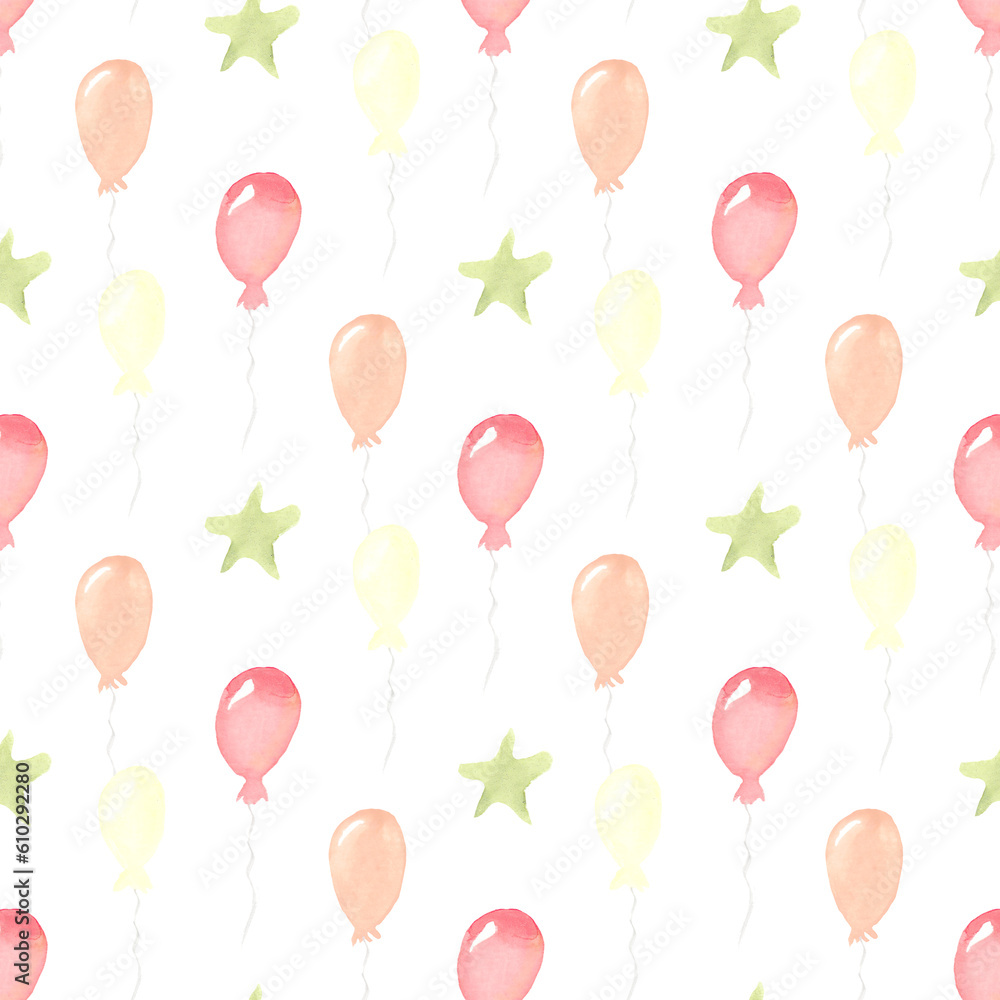 Balloons and stars, seamless holiday pattern. Childish pattern for the design of wallpaper, packaging, birthday wrapping paper. Watercolor illustration, holiday decor.