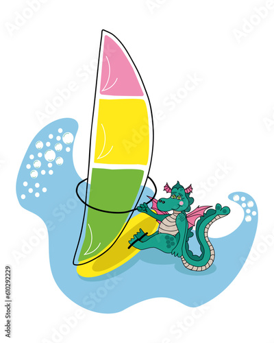 vector cartoon illustration of a doodle dragon is windsurfing. Dragon windsurfer sailing on the sea