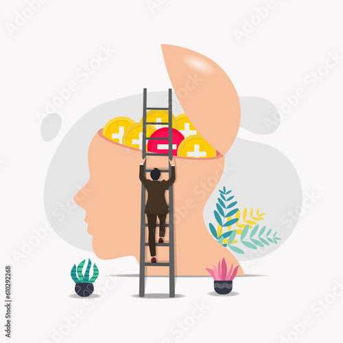 Businessman going up stairs to take negative thought. Get rid of negative thoughts concept vector illustration