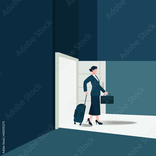 Businesswoman walking out from the open door. Resigned from work concept vector illustration