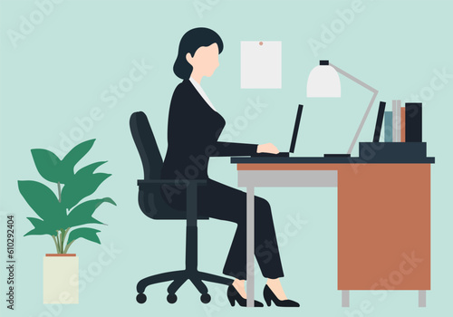 パソコンで仕事をする女性のフラットカラーイラスト