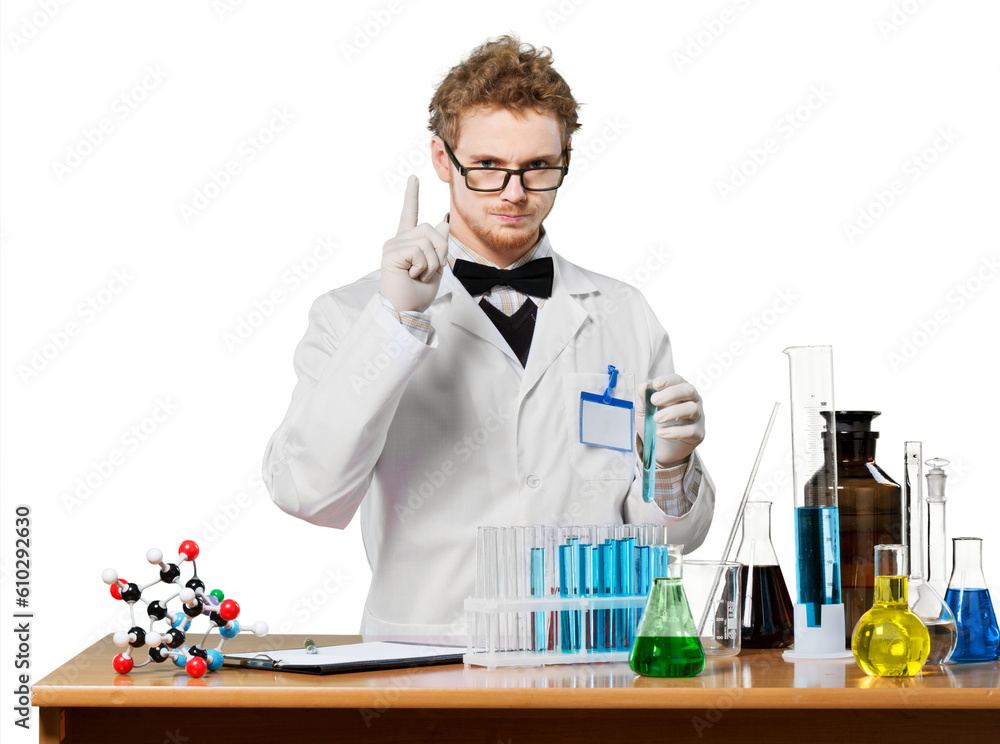 Male professor shows attention gesture in his laboratory Male professor shows attention gesture in his laboratory