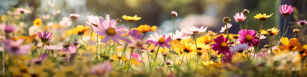 Beautiful Flowers in a field, spring background in filled with flowers touched by sunlight. Generative Ai. Beautiful Flowers in a field, spring background in filled with flowers touched by sunlight. Generative Ai.