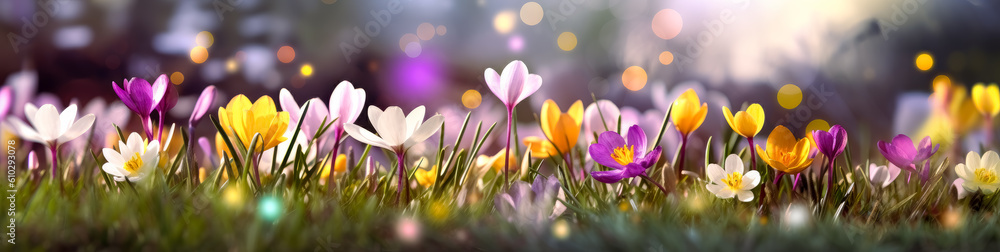 Fototapeta premium Beautiful Flowers in a field, spring background in filled with flowers touched by sunlight. Generative Ai.