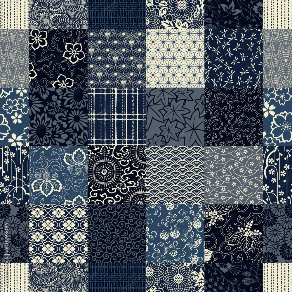 Blue traditional  Japanese fabric patchwork wallpaper vintage vector seamless  pattern - obrazy, fototapety, plakaty 