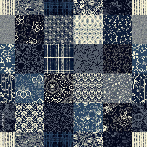 Blue traditional  Japanese fabric patchwork wallpaper vintage vector seamless  pattern