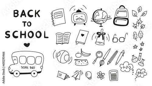 set of doodle elements for school, doodle school,  school theme, school doodles, inscription in a notebook, training, lessons, time for training, Set of school tools, set of education icons