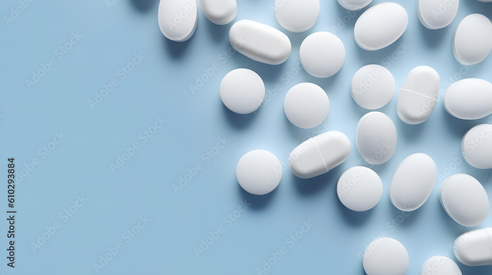Medicinal Serenity: White Pills on Blue Background. Generative AI Medicinal Serenity: White Pills on Blue Background. Generative AI