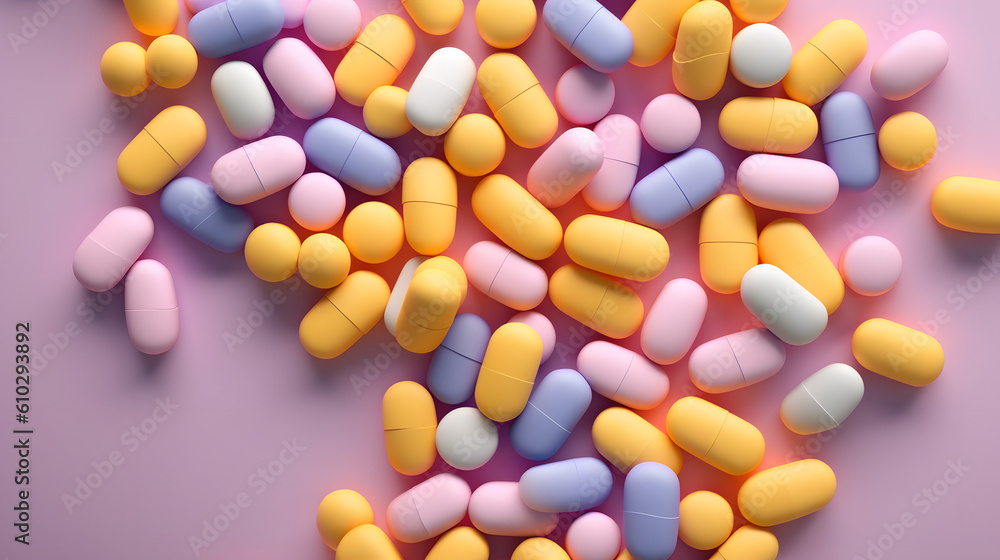 Colorful Medication Mosaic: Closeup of Colored Pills. Gnerative AI