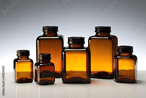 Elegant Elixir Collection: Studio Shot of Dark Brown Glass Jars and Bottles.Generative AI