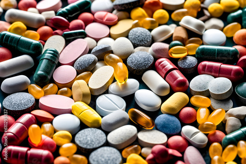 Colorful Medication Mosaic: Closeup of Colored Pills. Gnerative AI