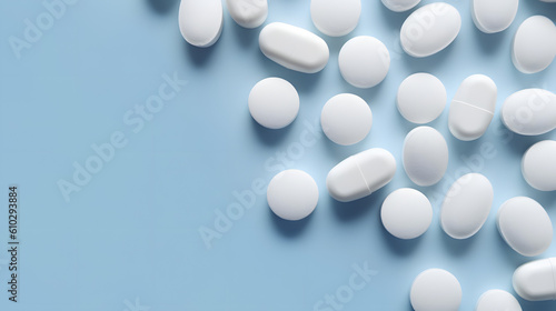 Medicinal Serenity  White Pills on Blue Background. Generative AI